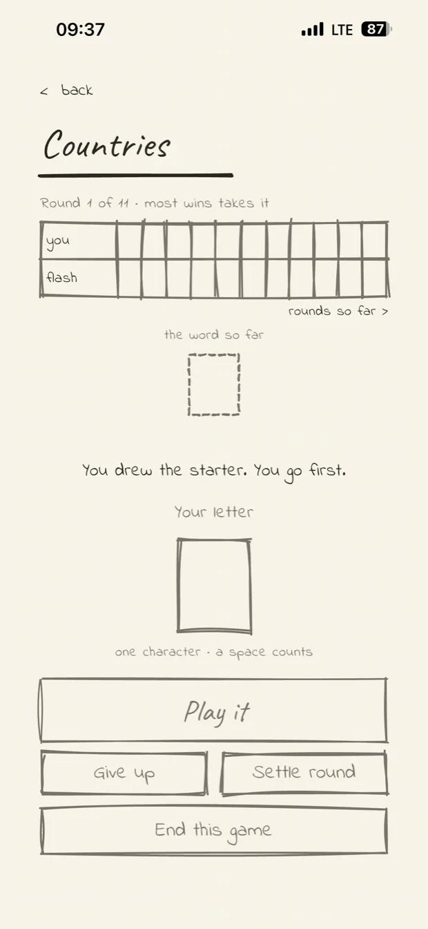 The first turn of a round, with an empty string and a keyboard.