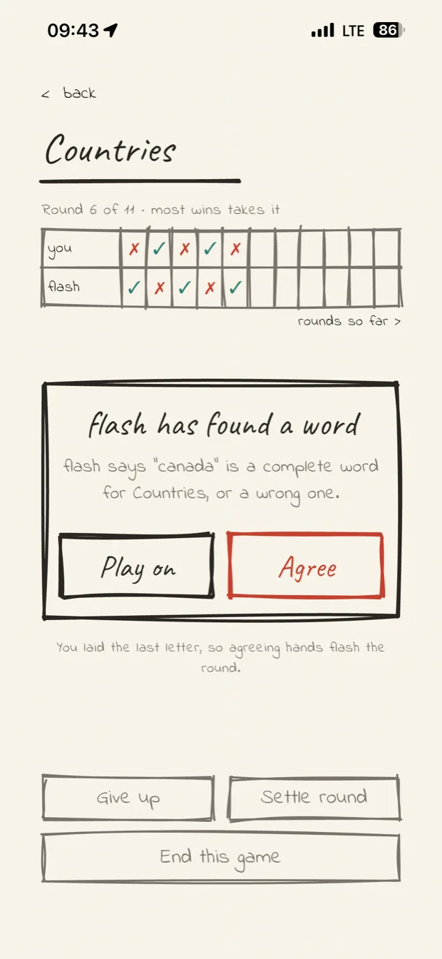 A settle request, asking the other player to agree the string is already a word.
